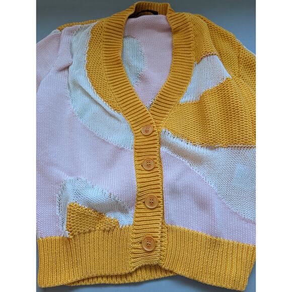 MCM See Through Inserts Color block Cotton Crop Cardigan Size S Yellow #1M455 - Picture 7 of 14